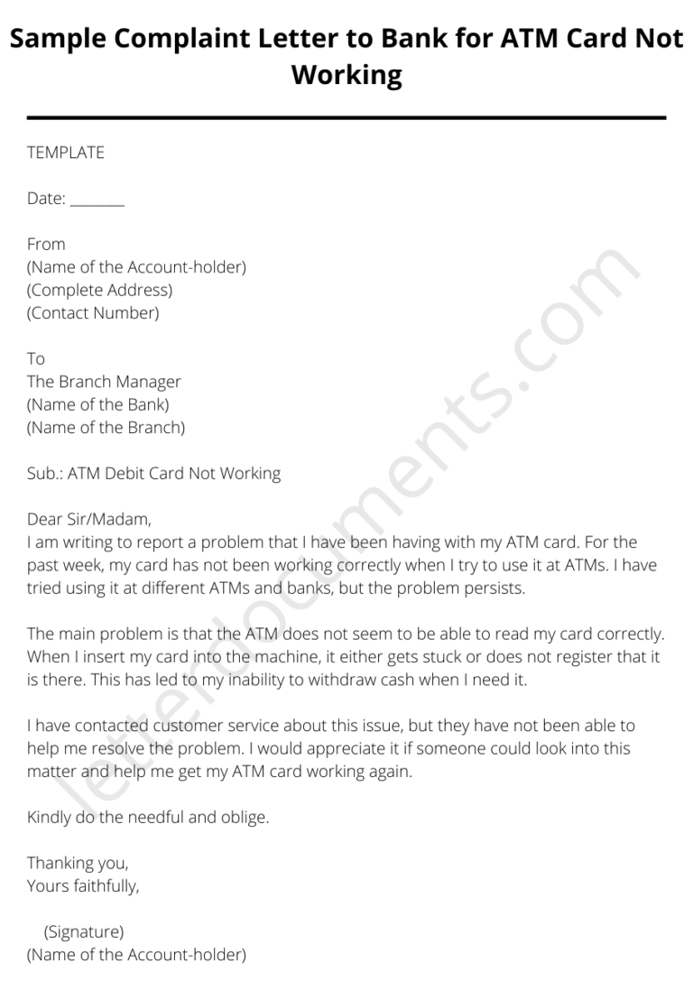 Sample Complaint Letter to Bank for ATM Card Not Working