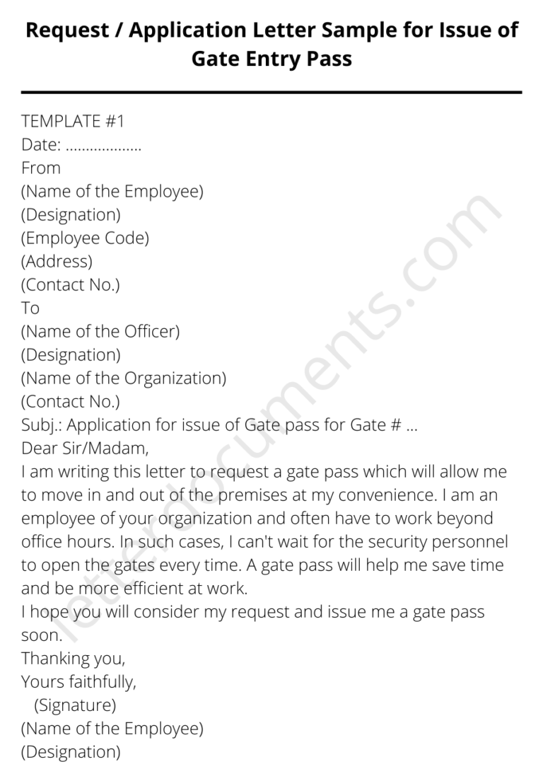 Request / Application Letter Sample for Issue of Gate Entry Pass