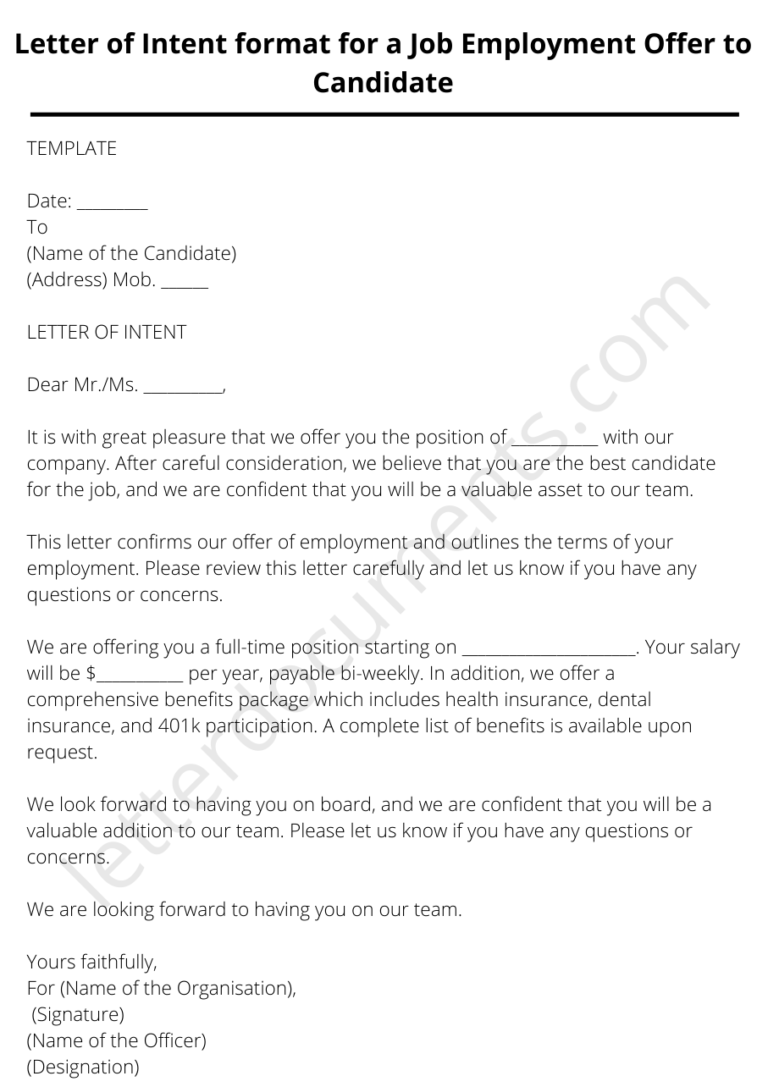 Letter of Intent format for a Job Employment Offer to Candidate