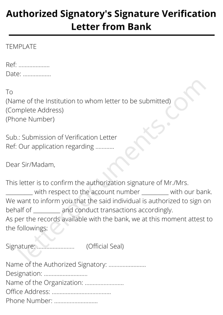 Authorized Signatory’s Signature Verification Letter from Bank