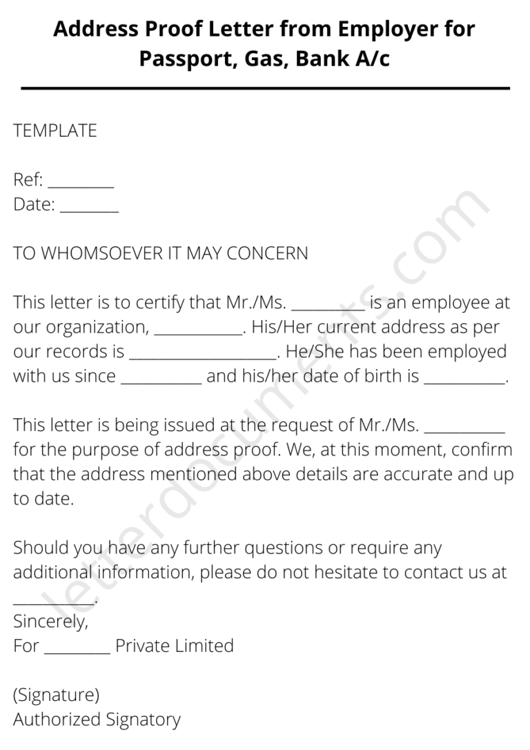 Address Proof Letter from Employer for Passport, Gas, Bank A/c
