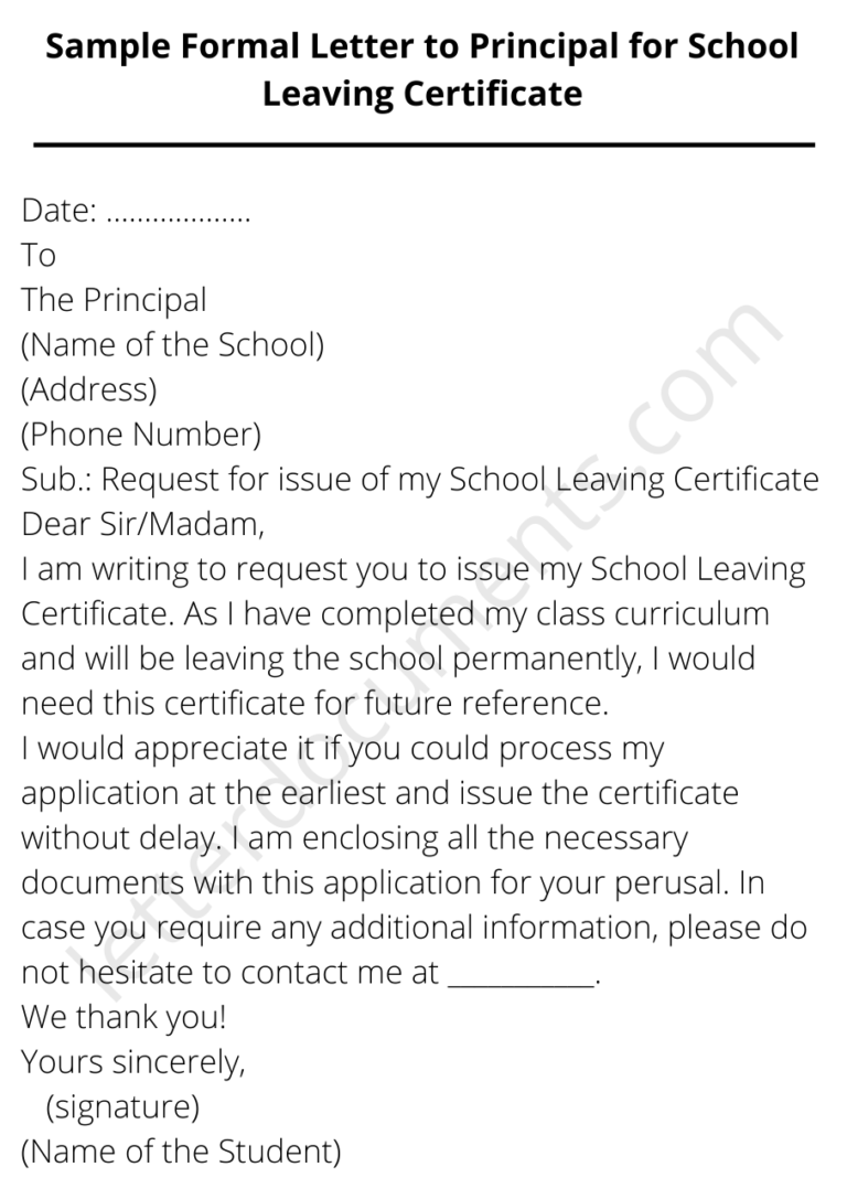 Sample Formal Letter to Principal for School Leaving Certificate