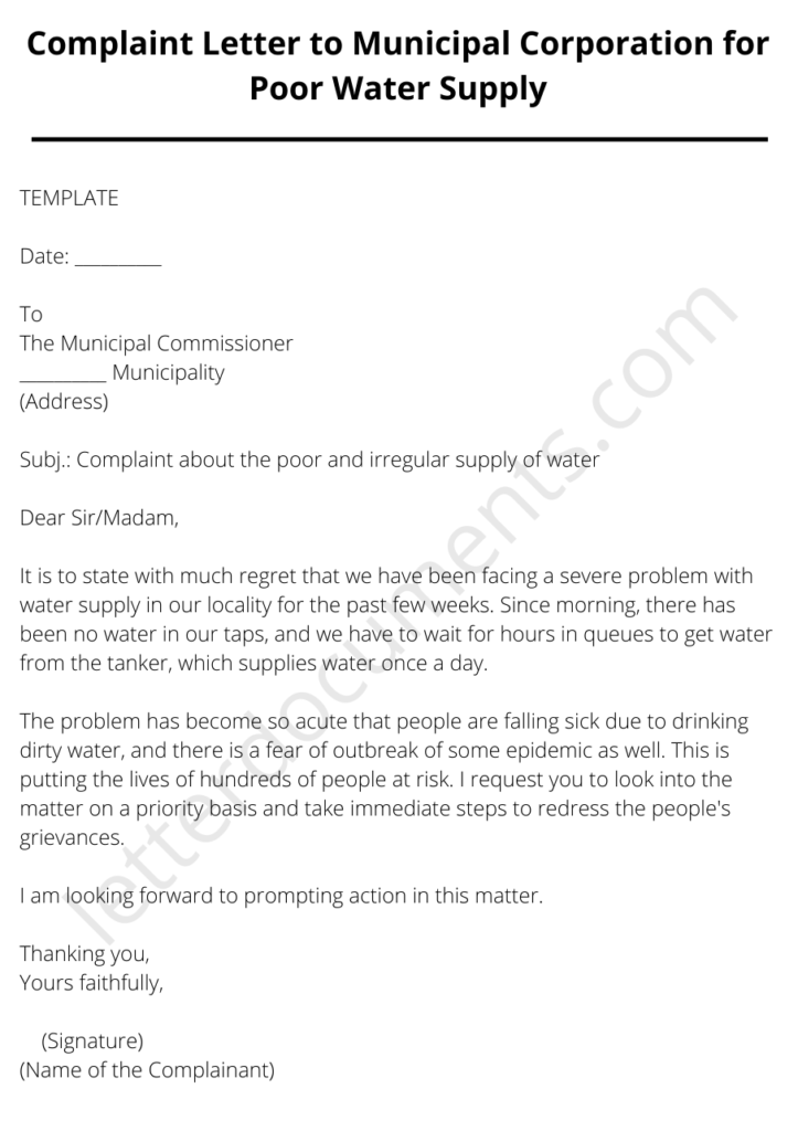 letter for water supply problem