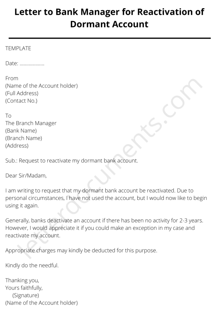 Letter to Bank Manager for Reactivation of Dormant Account
