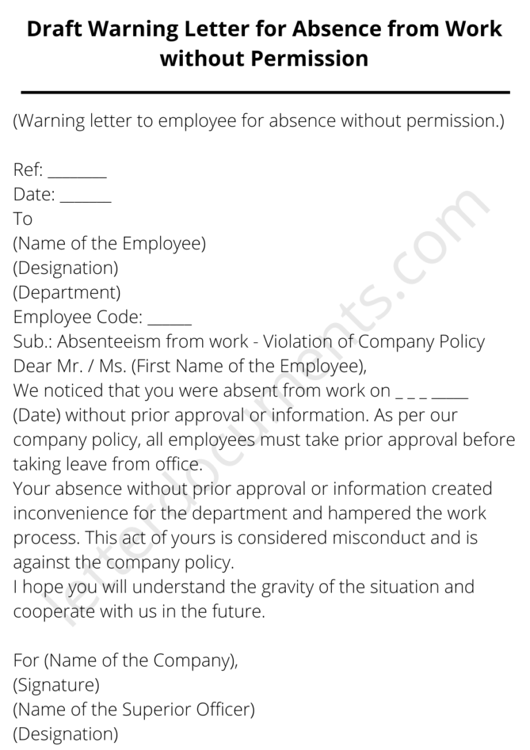 Draft Warning Letter for Absence from Work Without Permission