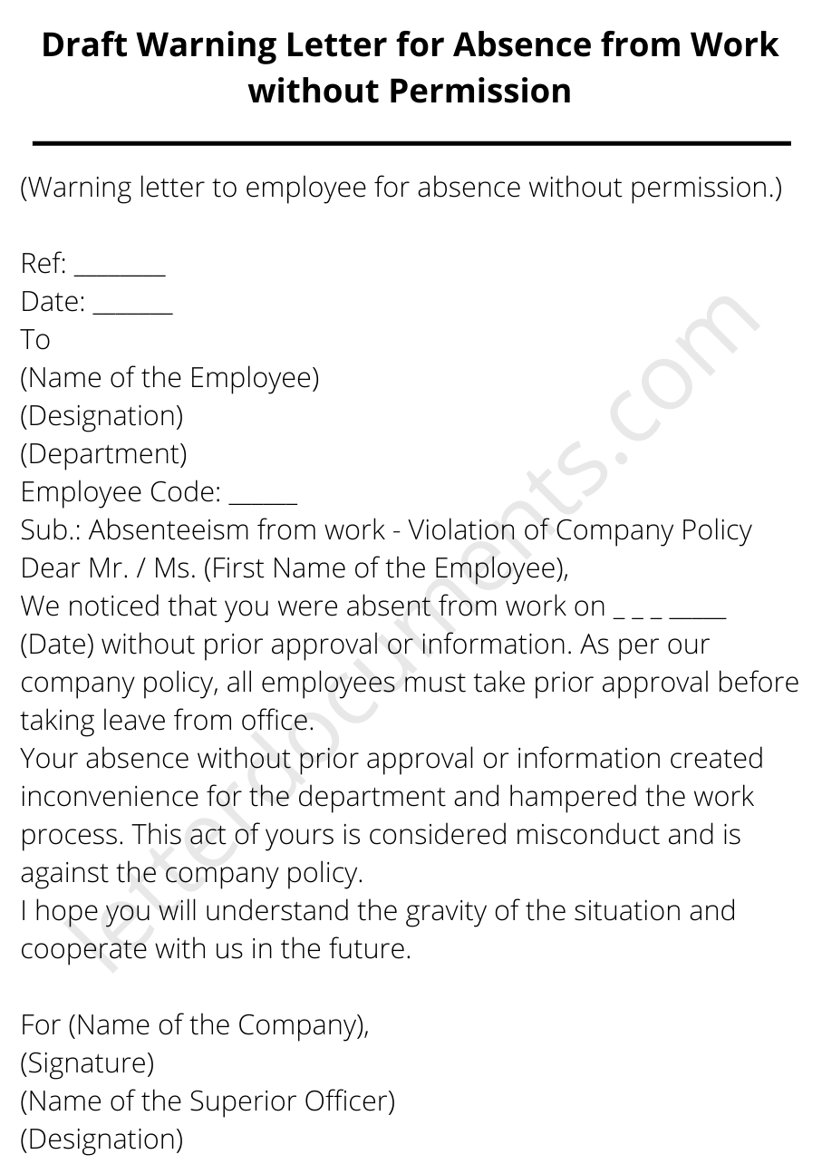 Warning Letter To Employee For Leave Without Information Letterdocuments