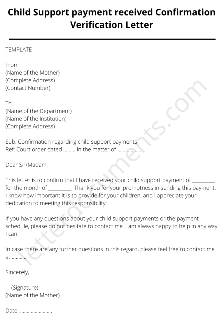 Child Support Payment Received Confirmation Verification Letter