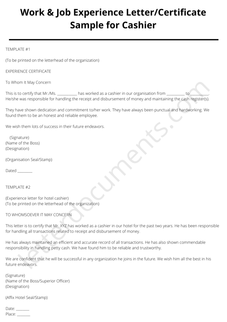 Work & Job Experience Letter/Certificate Sample for Cashier