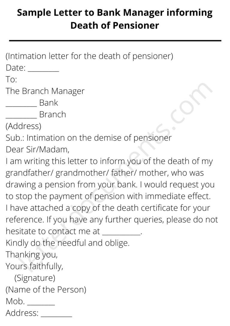 Sample Letter to Bank Manager informing Death of Pensioner