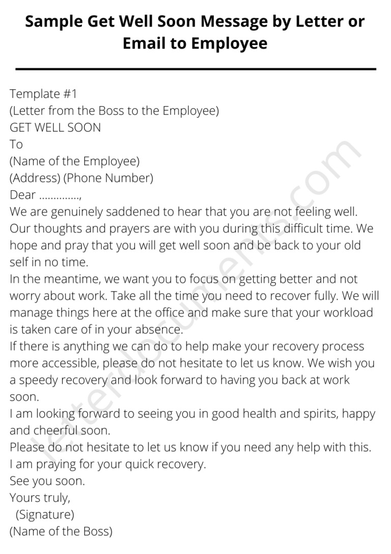 Sample Get Well Soon Message by Letter or Email to Employee