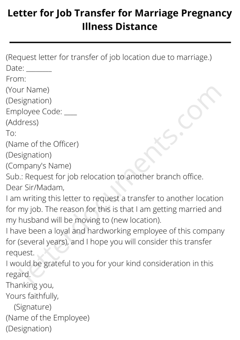 Letter for Job Transfer for Marriage Pregnancy Illness Distance