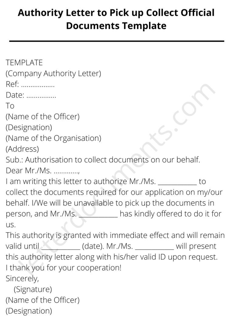 Authority Letter to Pick Up Collect Official Documents Template