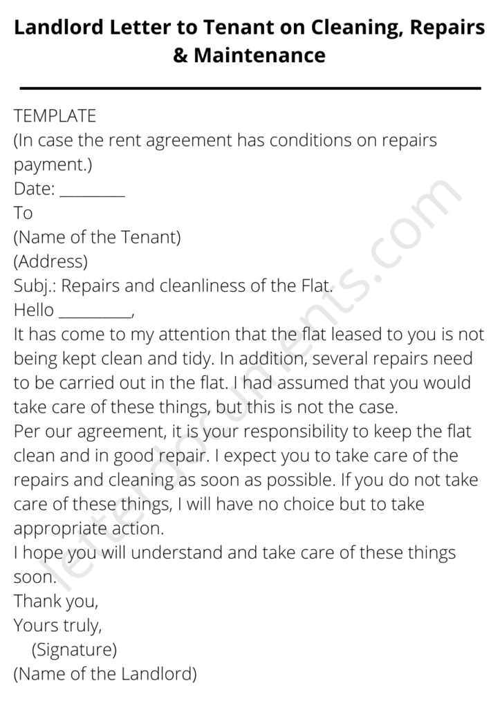 sample letter from landlord to tenant for repairs