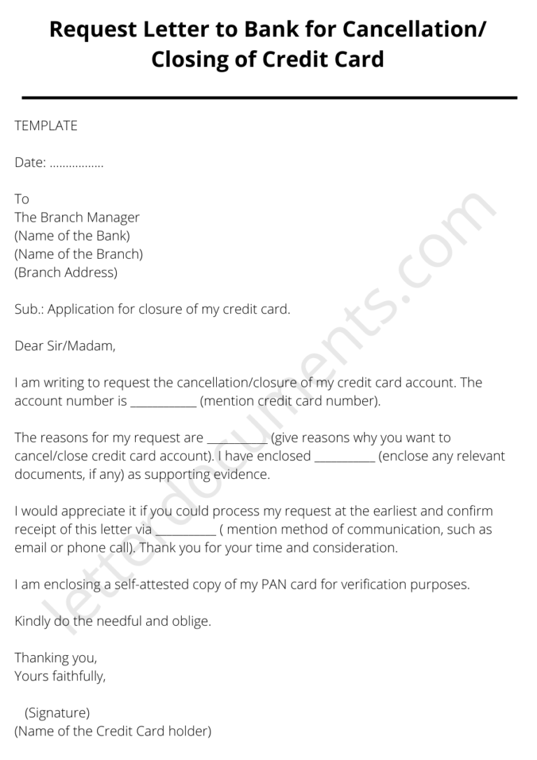 Request Letter to Bank for Cancellation/ Closing of Credit Card