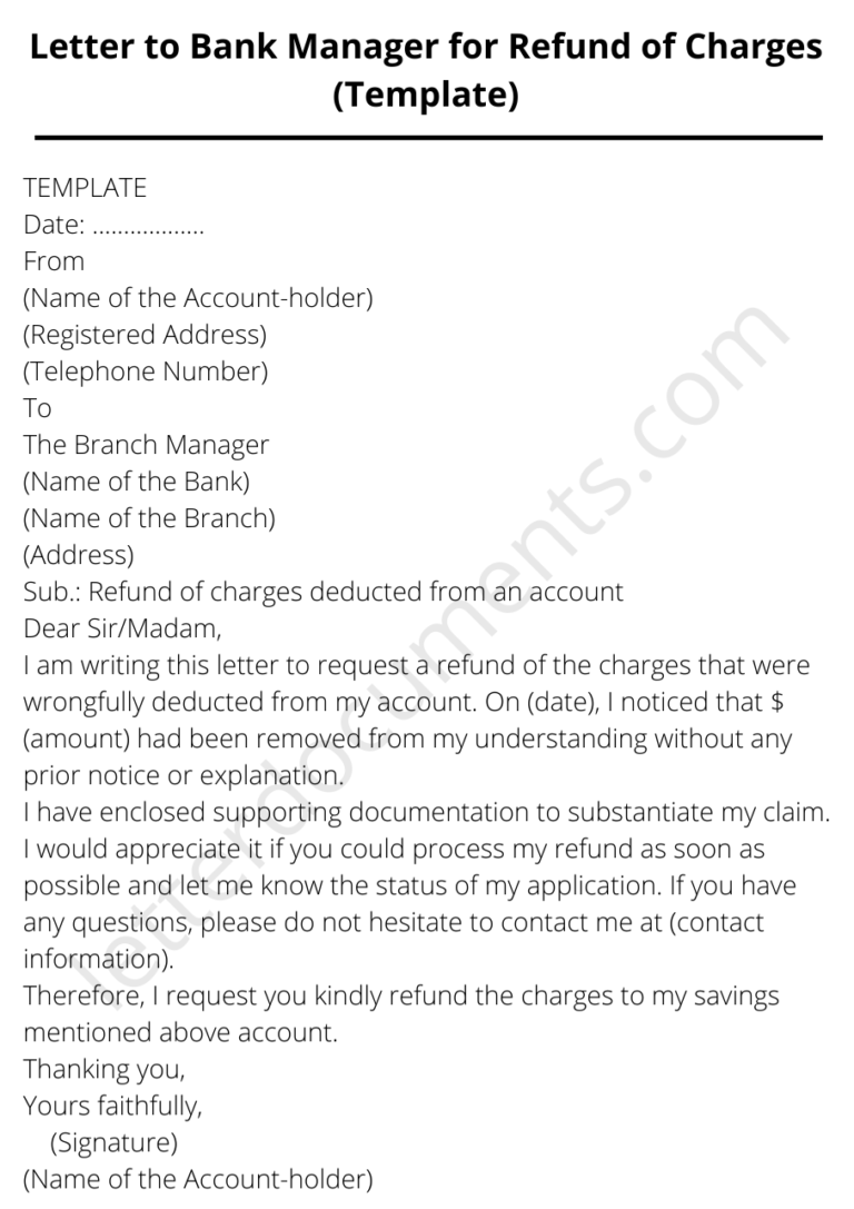 Letter to Bank Manager for Refund of Charges (Template)