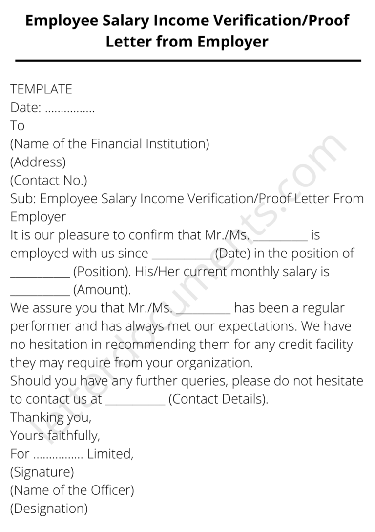 Employee Salary Income Verification/Proof Letter from Employer