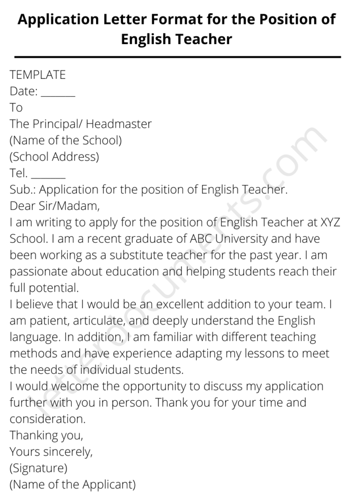 application for the post of english teacher