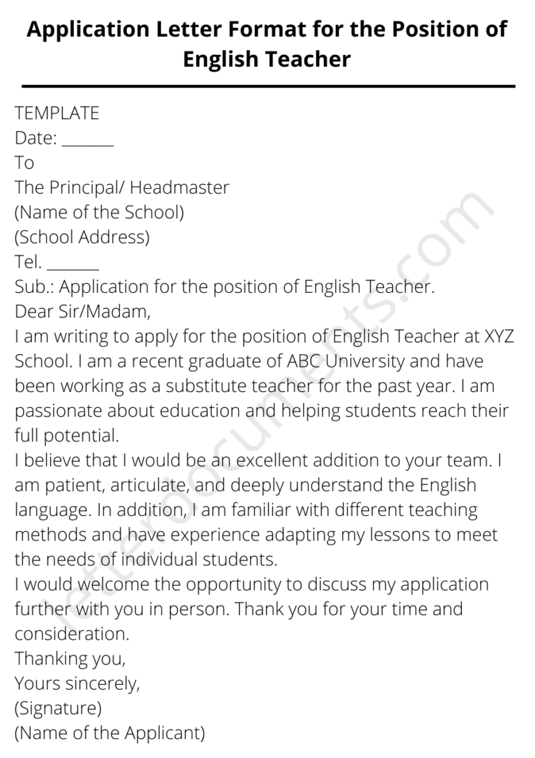 Application Letter Format for the Position of English Teacher