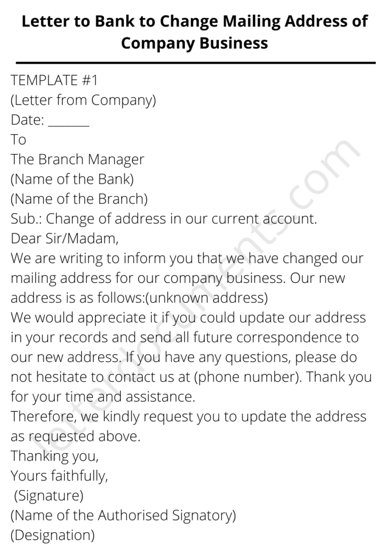 Letter to Bank to Change Mailing Address of Company Business