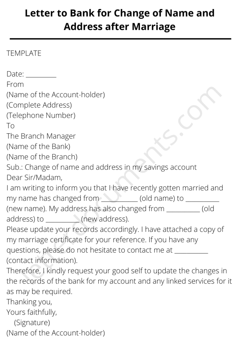 Letter to Bank for Change of Name and Address after Marriage