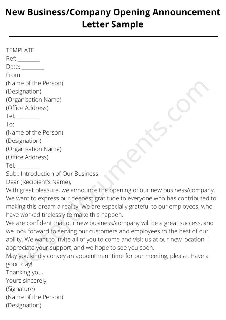 New Business/Company Opening Announcement Letter Sample