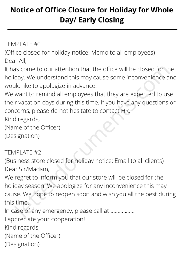 Notice of Office Closure for Holiday for Whole Day/Early Closing