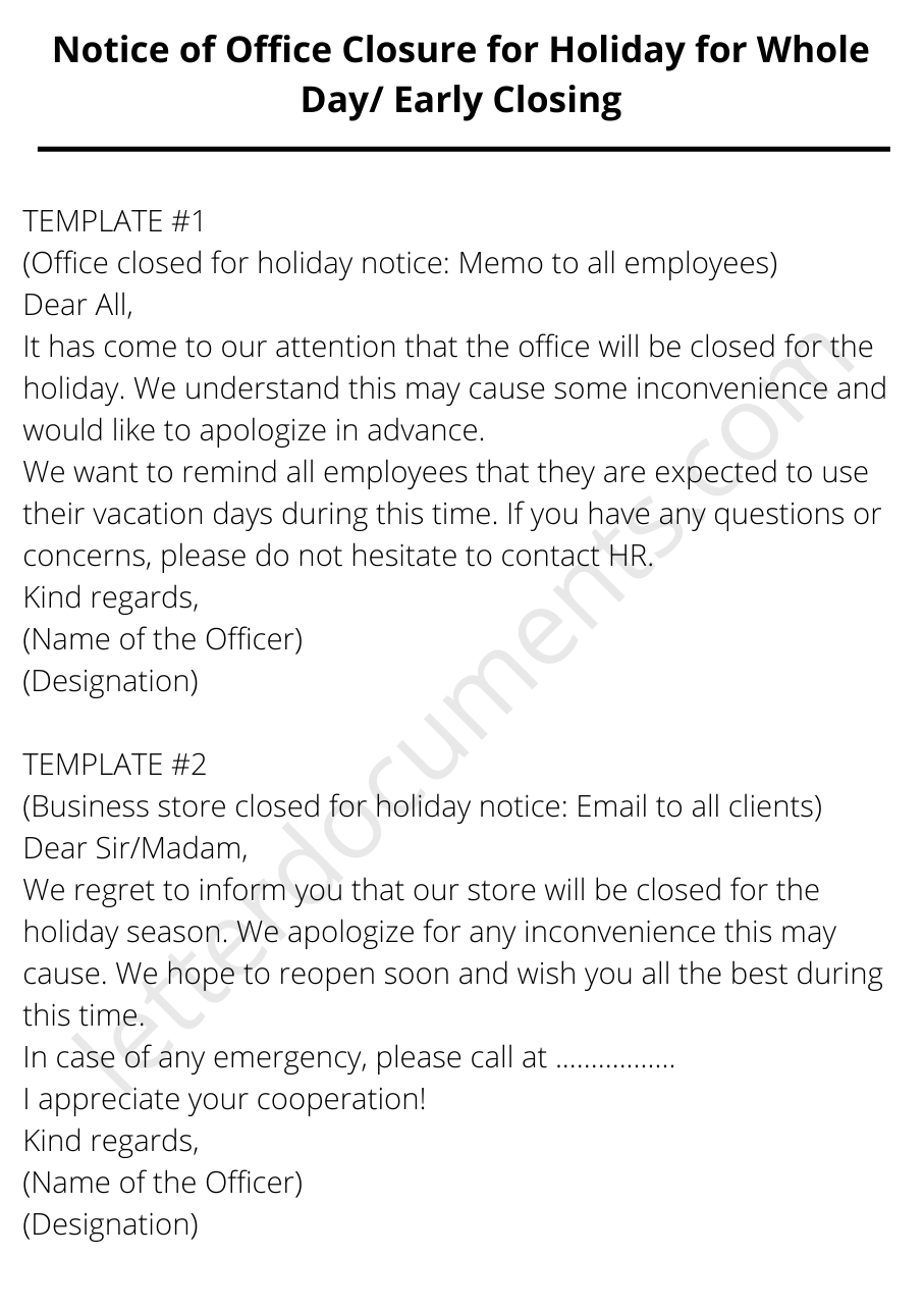 Notice Of Office Closure For Holiday For Whole Day/Early Closing ...