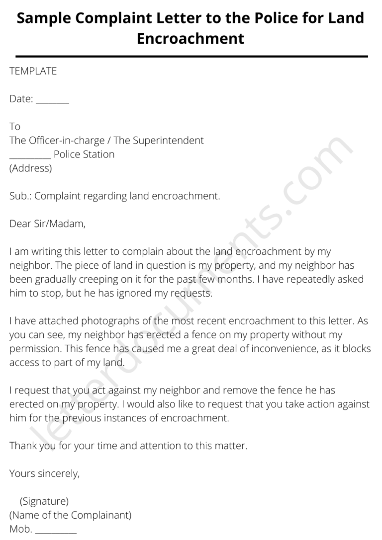 Sample Complaint Letter to the Police for Land Encroachment