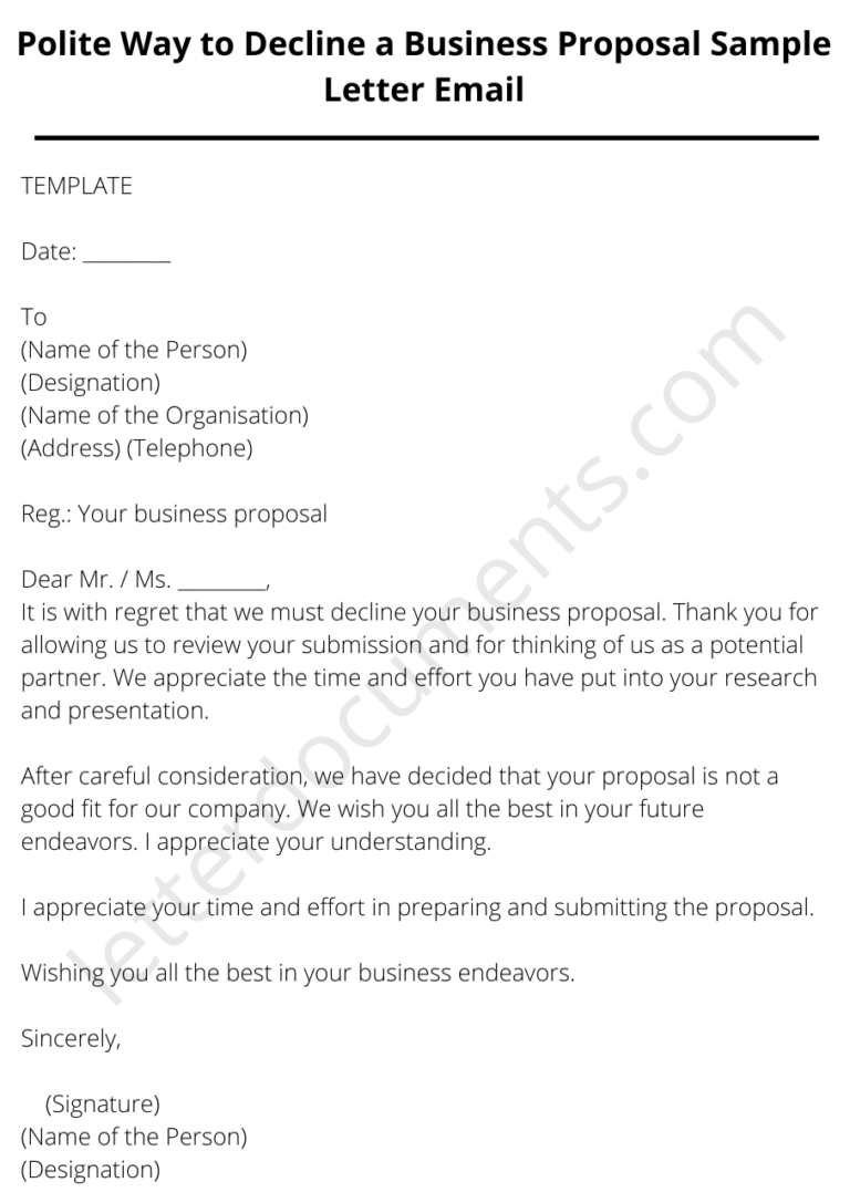 Polite Way to Decline a Business Proposal Sample Letter Email