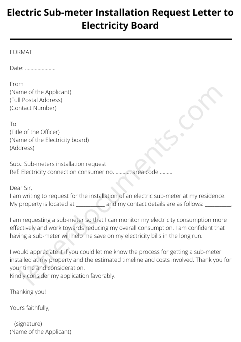 Electric Sub-meter Installation Request Letter to Electricity Board