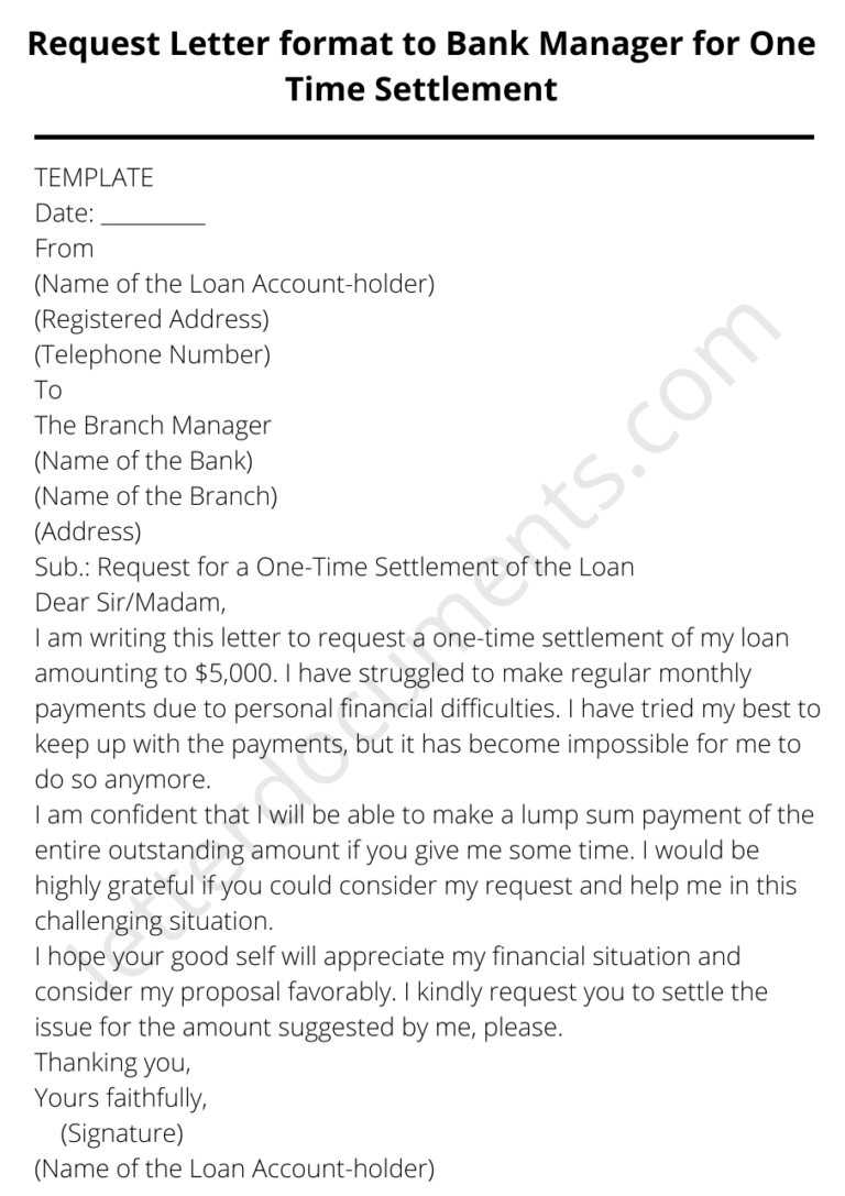 Request Letter format to Bank Manager for One Time Settlement