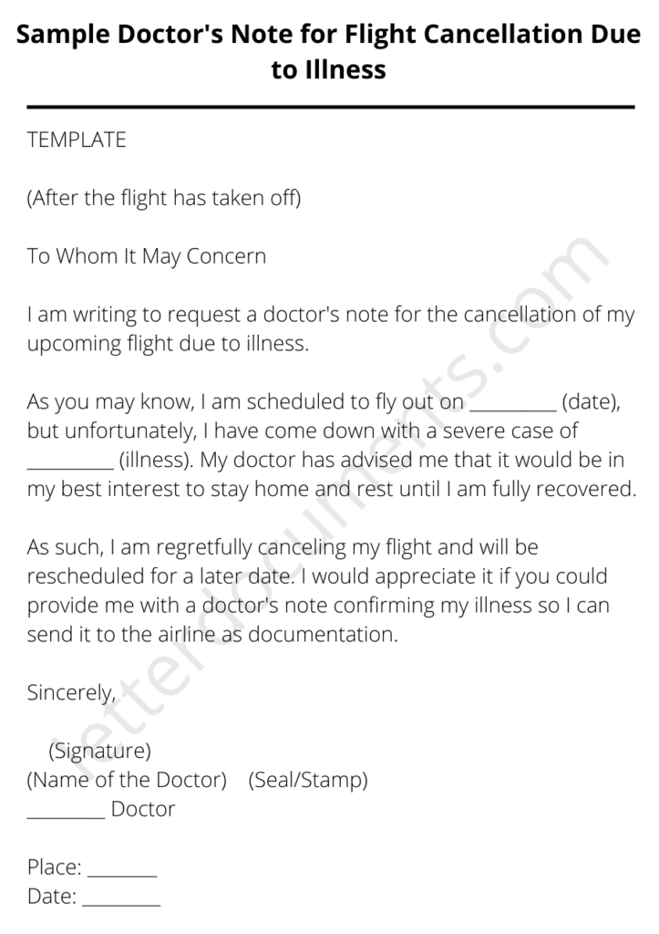 Sample Doctor's Note for Flight Cancellation Due to Illness
