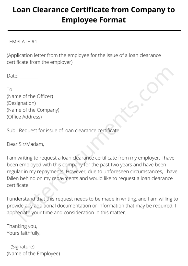 Loan Clearance Certificate from Company to Employee Format