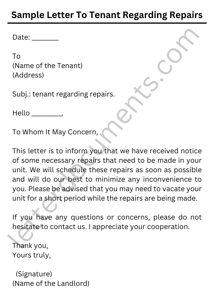 Sample Letter To Tenant Regarding Repairs