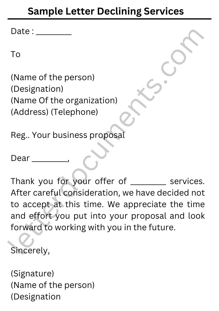 Sample Letter Declining Services