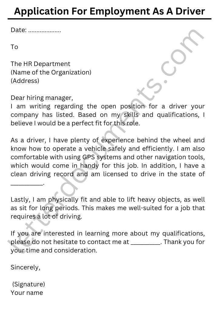 Application for Employment as a Driver