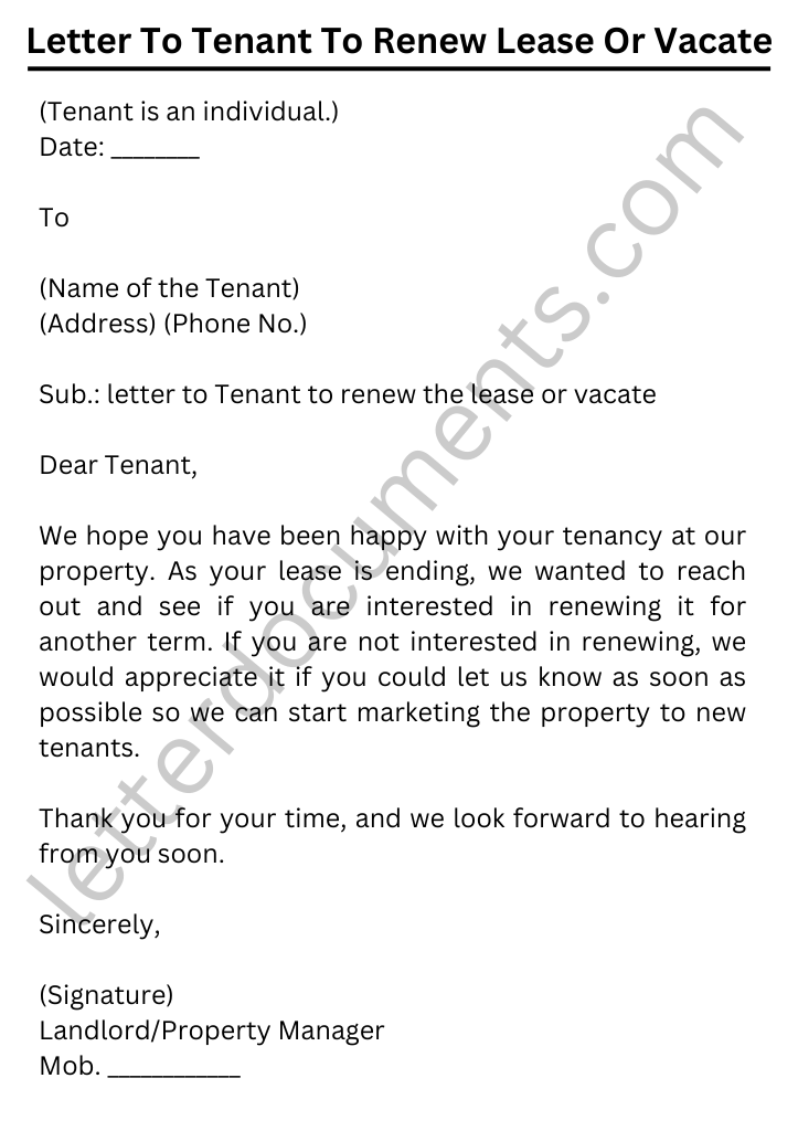 Sample Letter To Tenant To Renew Lease Or Vacate