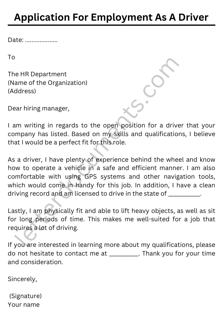 application for a position of a driver