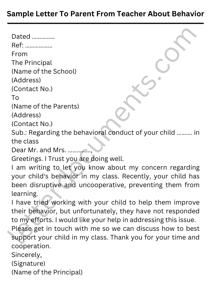 Sample Letter To Parent From Teacher About Behavior