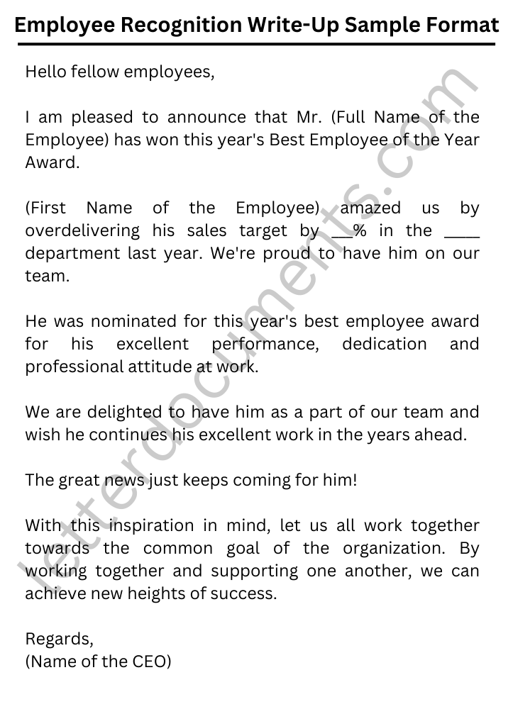 Employee Recognition Write-Up Sample Format