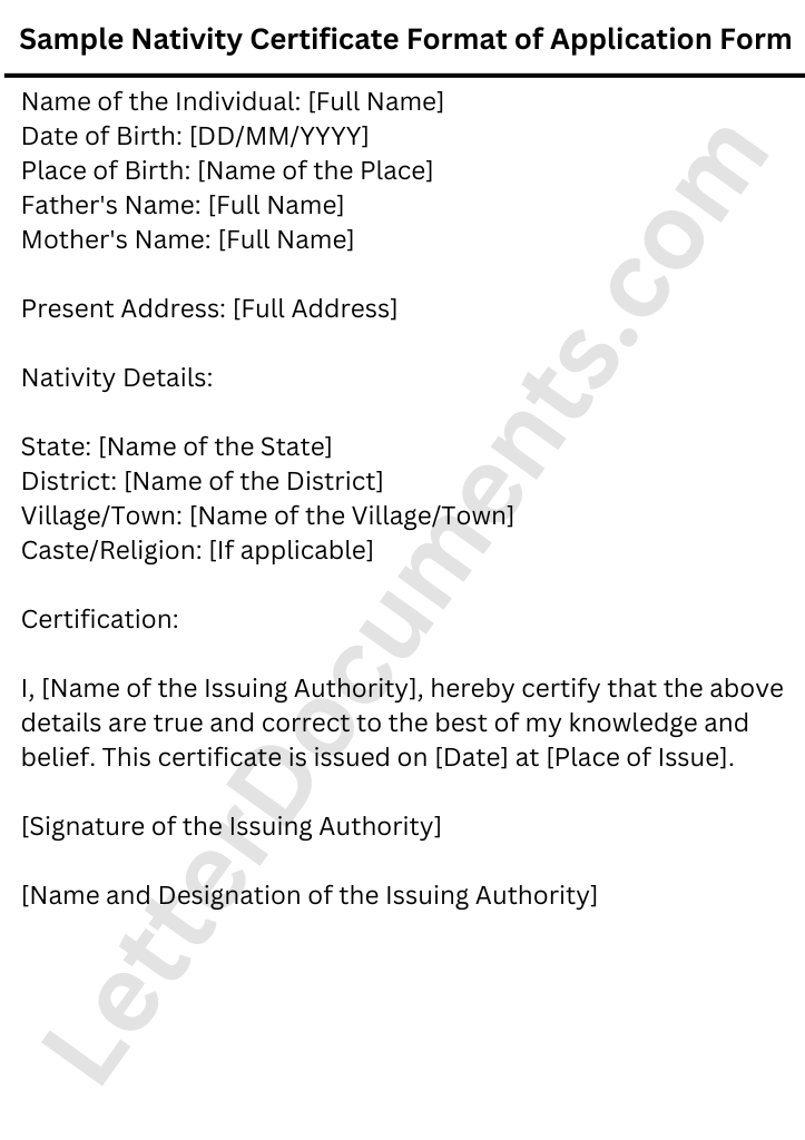 Sample Nativity Certificate Format of Application Form