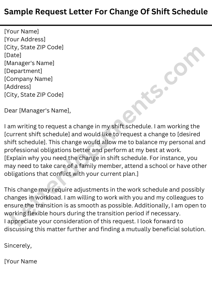 Sample Request Letter For Change Of Shift Schedule Letterdocuments