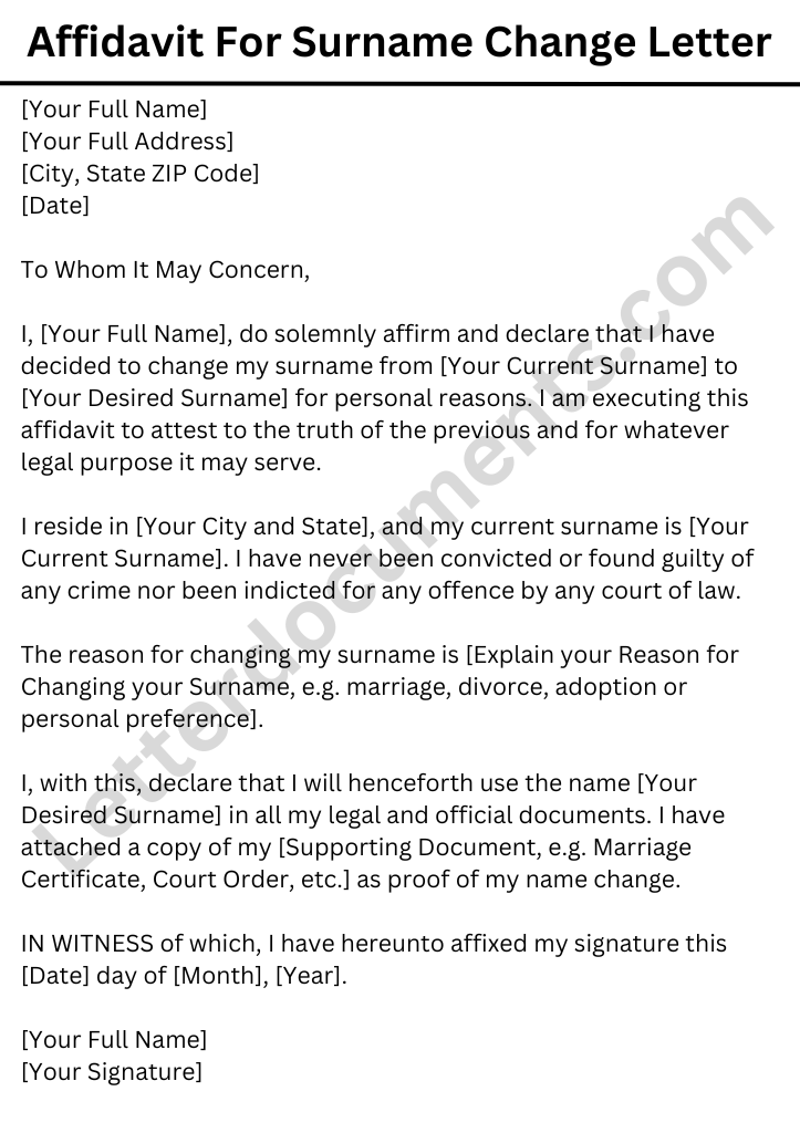 Affidavit For Surname Change Letter