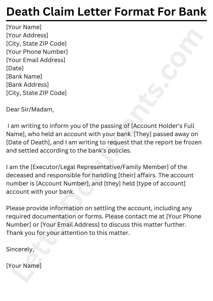 Death Claim Letter Format For Bank