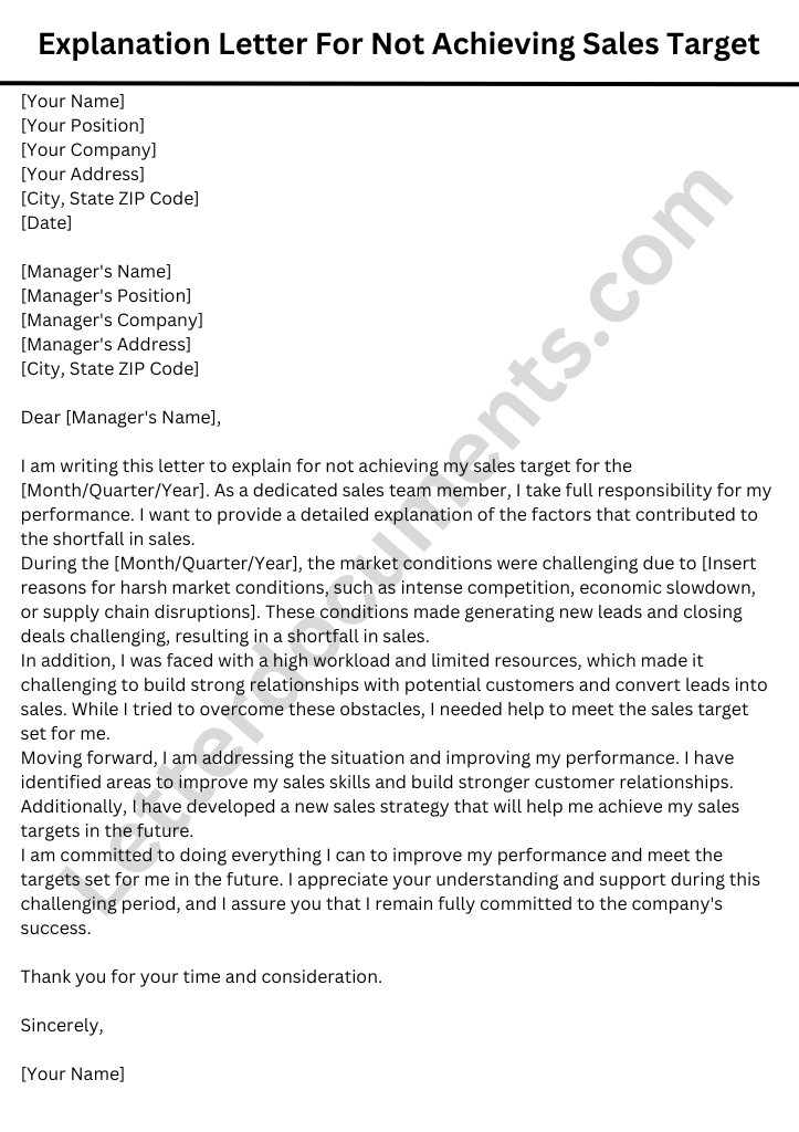 Explanation Letter For Not Achieving Sales Target