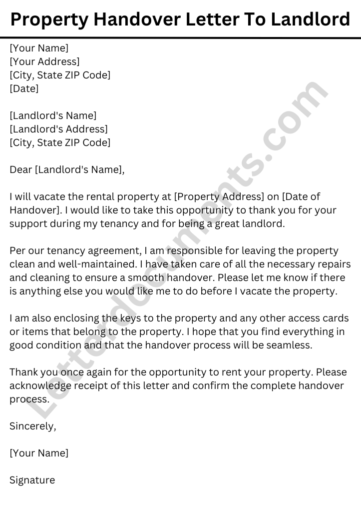 Property Handover Letter To Landlord