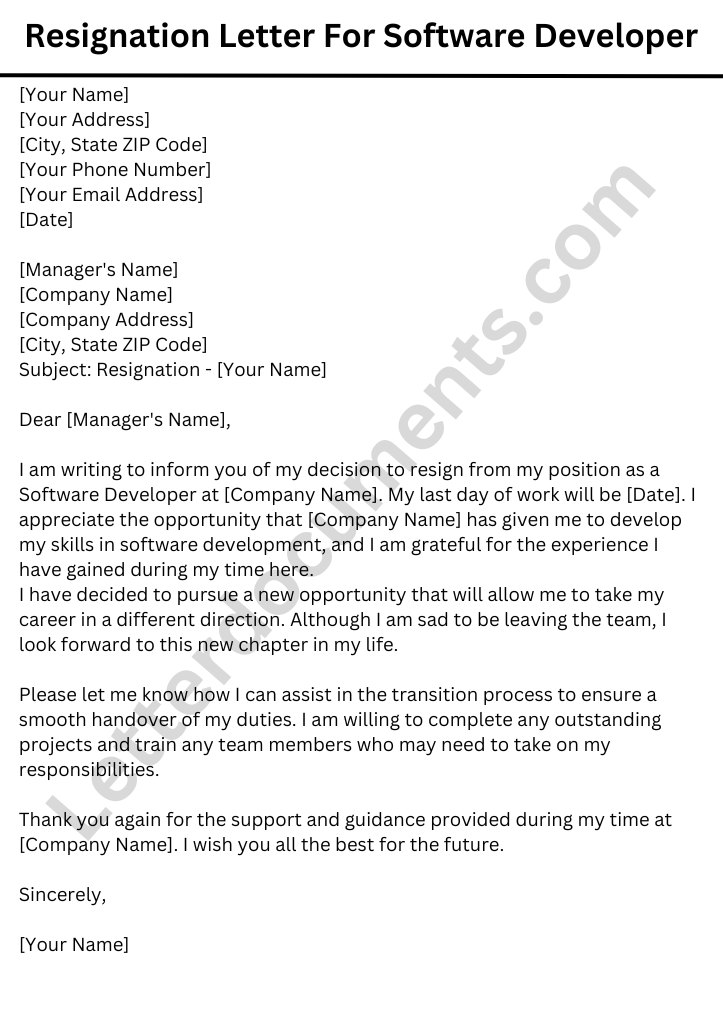 Resignation Letter For Software Developer