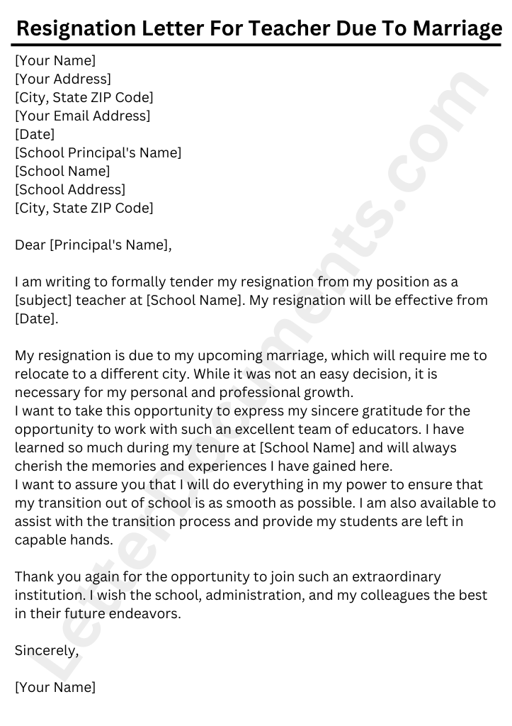 Resignation Letter For Teacher Due To Marriage