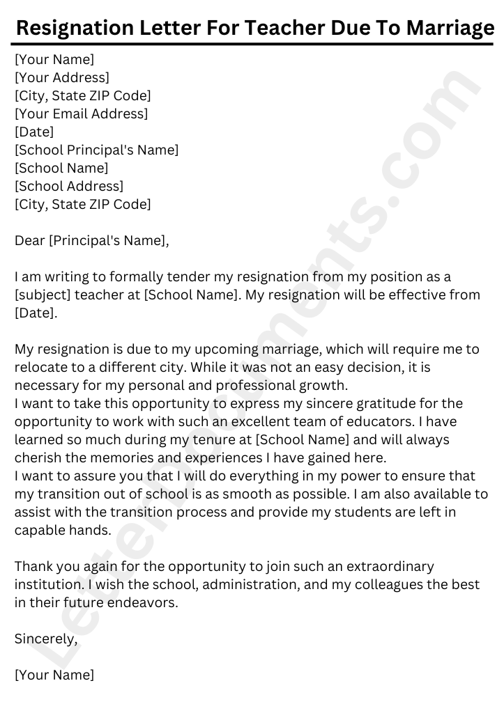 Resignation Letter For Teacher Due To Marriage Letterdocuments