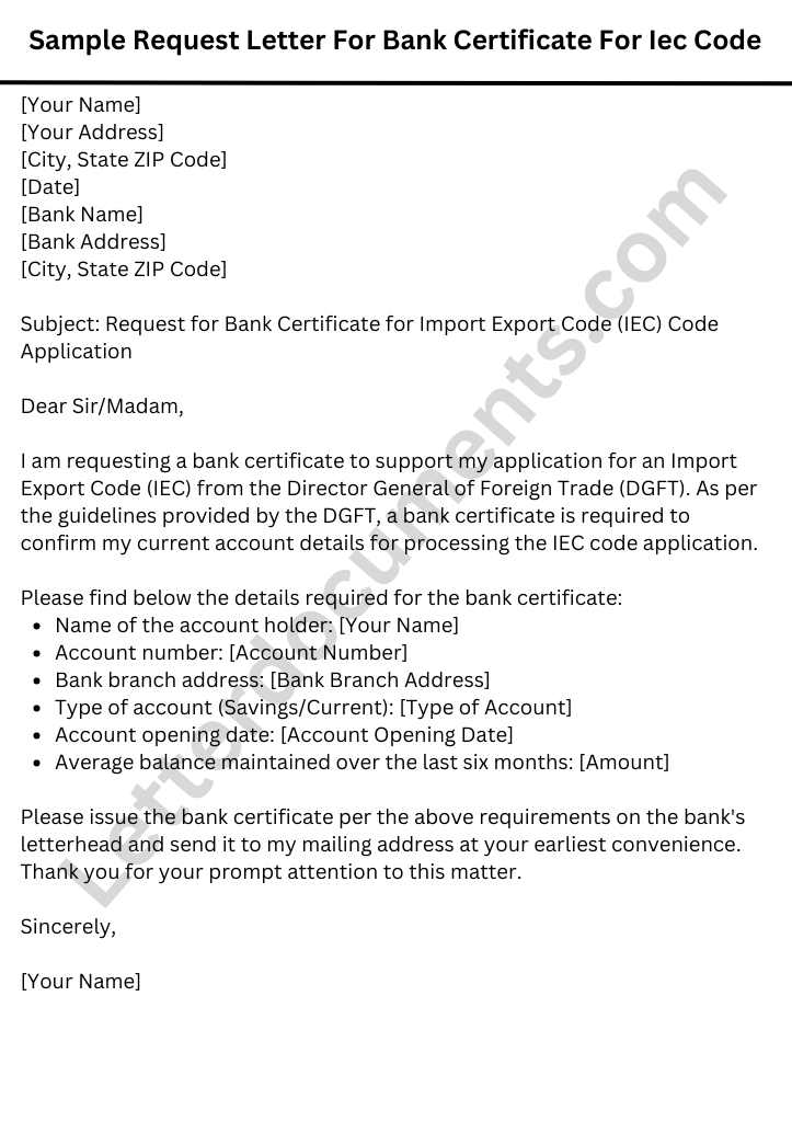Sample Request Letter For Bank Certificate For Iec Code